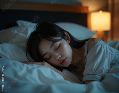 ベッドでうつ伏せになって深い眠りにつく若い女性