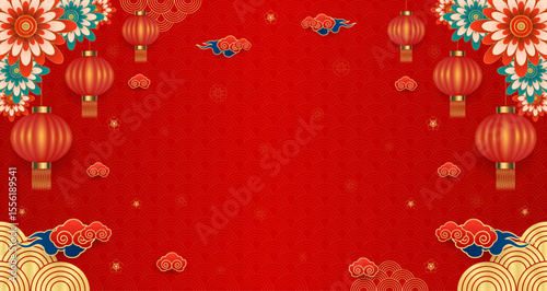 Happy chinese new year banner. Asian elements with craft paper cut style lantern flower clouds on red background with empty space for text. For design china lunar calendar animal. Vector EPS10.