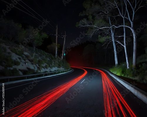 Long Exposure of Car Light Streaks on a Curving Road at Night with Trees and a Green Traffic Light