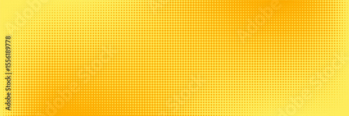 Yellow halftone pattern. Retro comic gradient background. Bright orange pixelated dotted texture overlay. Cartoon pop art faded gradient pattern. Vector backdrop for poster, banner, advertisement