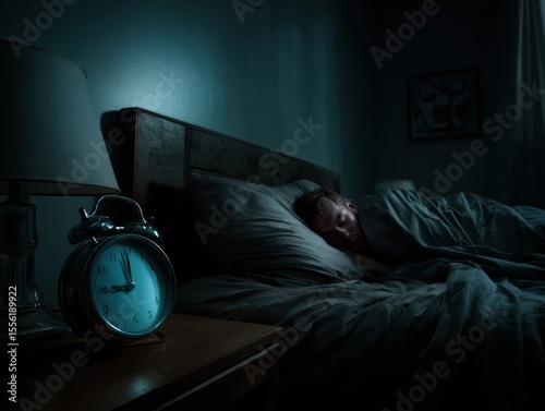 Midnight Serenity: A lone figure finds solace in slumber within a dimly lit bedroom, as the hands of time tick away on a bedside clock.