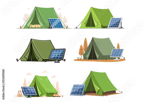 Green tent with small solar panel beside it, minimal camping setup symbolizing eco-friendly tourism 