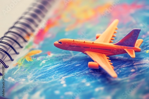 Orange Airplane Model on Colorful Notebook Page Representing Ocean Travel and Adventure