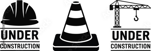 Under construction vector icons set with safety helmet cone and crane graphic