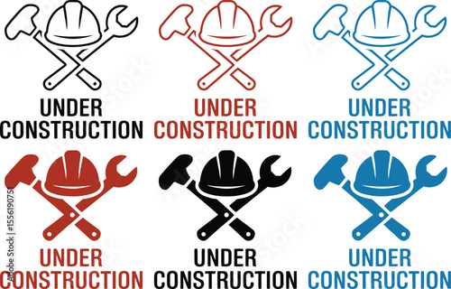 Under construction vector icons set with helmet and tools for website design