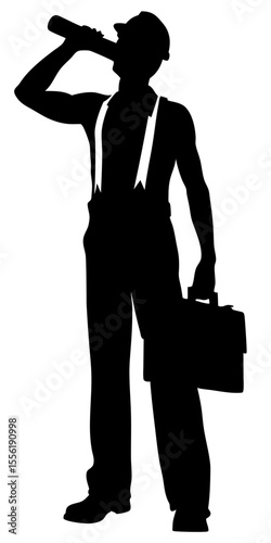 Construction worker silhouette vector standing in uniform with helmet and tools on transparent background, black isolated figure