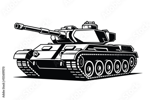 Stylized black and white illustration of a powerful military tank on a white background