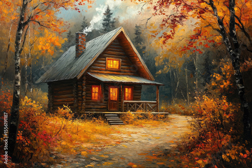 Cozy log cabin nestled in a vibrant autumn forest with warm glowing windows and smoke rising from the chimney