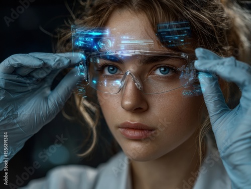 Visionary Gaze: A scientist peers through futuristic augmented reality glasses, epitomizing technological advancement and forward-thinking innovation.