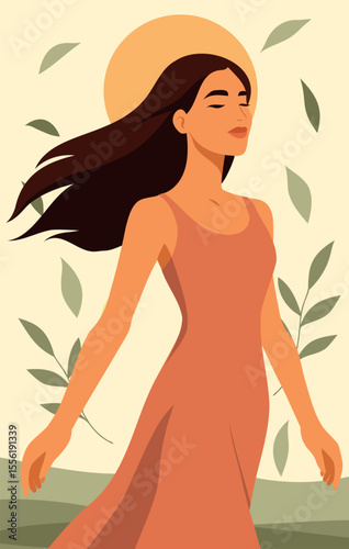 Vector flat illustration of beautiful woman on nature background with leaves. Symbol of happiness, health, ovulation, cycle, harmony and female energy. Use for women's projects and health