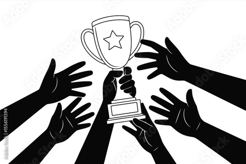 Many hands reaching for a trophy symbolizing achievement and victory