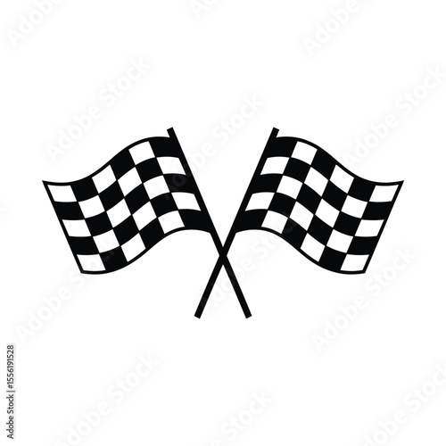 Two black and white checkered racing flags crossed on white background