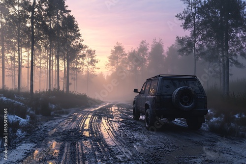 SUV on a Muddy Road in Foggy Woods Under the Soft Hues of Dawn