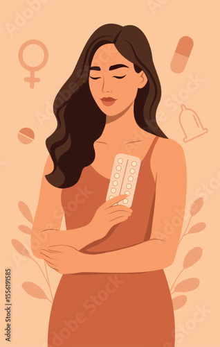 Vector illustration of a woman holding a pack of pills symbolizing contraception. Calm facial expression, feminist and medical symbols in the background. Use for women's projects and health
