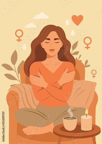 Vector illustration of woman in self-hugging pose, symbol of mental health, hormone, self-acceptance and emotional healing. Interior, candle, tea. For women's health and psychology projects