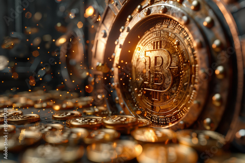 Futuristic 3D vault door opening with bitcoin and dollar coins flying out