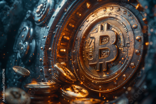 Futuristic 3D vault door opening with bitcoin and dollar coins flying out