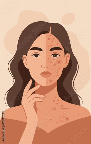 Vector illustration, half of a woman's face with acne, half with clear skin. Woman with problem skin. Topics hormonal changes skin care, dermatology, cosmetology, balance. For women's projects, health