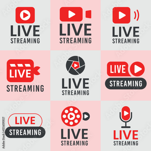 Nine Red and Gray Live Streaming Logos vector