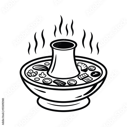 Stylized black and white illustration of a steaming hot pot filled with ingredients