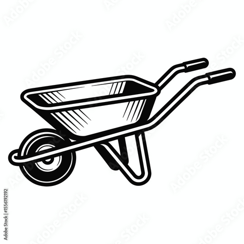 Black and white illustration of a single wheelbarrow with handles and a wheel