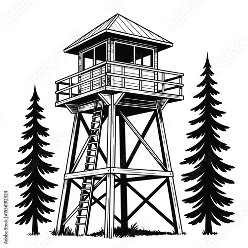 Black and white illustration of a wooden fire lookout tower surrounded by pine trees