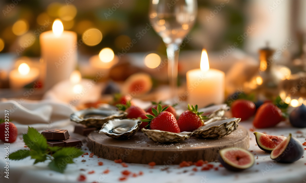 Naklejka premium Oysters strawberries figs romantic dinner