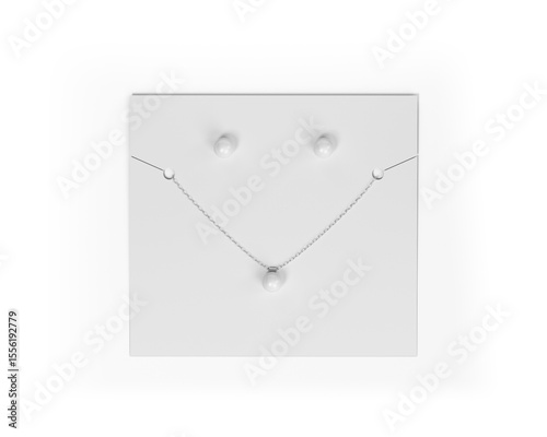 Elegant Silver Chain Necklace with Pearl Pendant and Stud Earrings Displayed on White Card