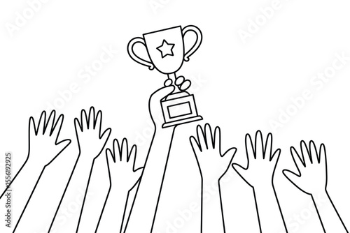 Many hands reaching up to grab a trophy with a star inside