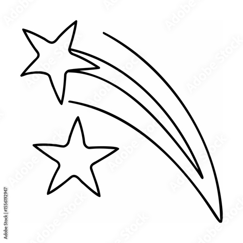 Simple black and white illustration of two shooting stars with trails on white background