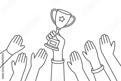 A hand holds up a trophy while a crowd of hands cheers below