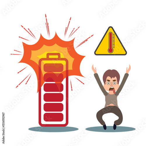 Man is running away from a burning battery. The concept of poor battery quality.