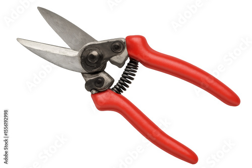 Sharp gardening secateurs with red handles and open blades isolated on transparent background, ready for pruning and trimming tasks