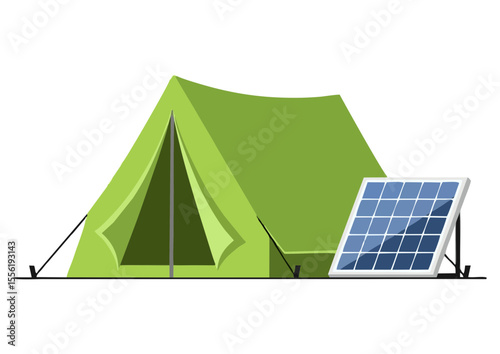 Green tent with solar panel beside it, minimal camping setup representing eco-friendly tourism
