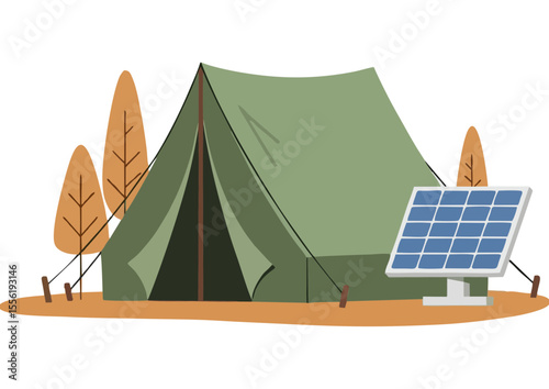 Green tent with solar panel beside it, minimal camping setup symbolizing eco-friendly tourism