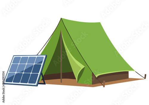 Green tent with solar panel and campfire, minimal camping setup symbolizing eco-friendly tourism