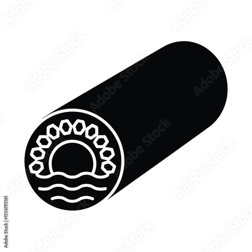 Stylized black and white icon of a sushi roll with a sun and waves inside