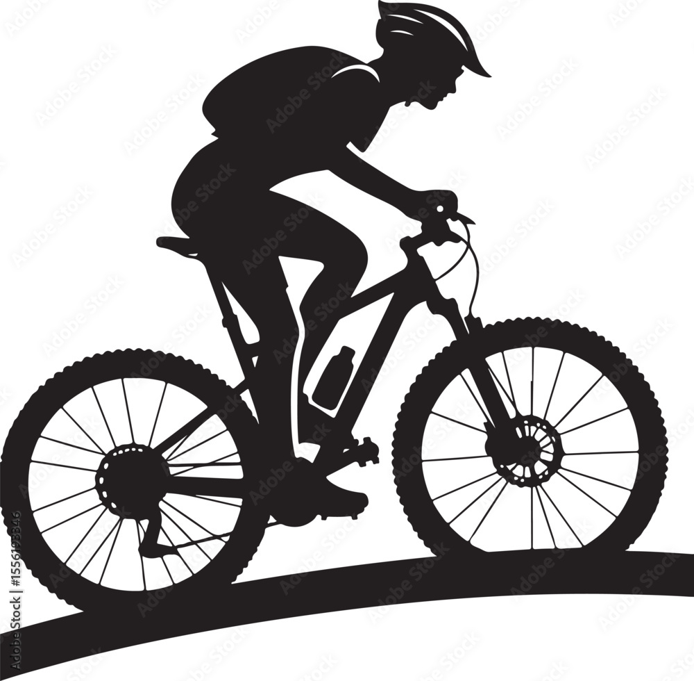 Obraz premium Silhouette of a cyclist riding uphill against a scenic background resembling a sunrise or sunset. Perfect to symbolize adventure, fitness, and the love of outdoor sports