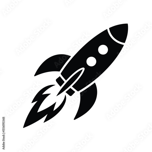 Black rocket ship with flames blasting off into space on a white background