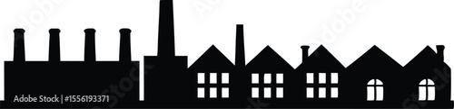 Industrial factory skyline silhouette with smokestacks and rooftops in vector