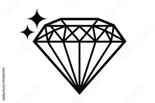 Simple black line art diamond with sparkling stars on a white background