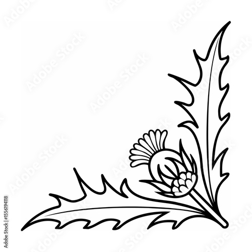 Black and white vector illustration of a thistle flower decorative corner element