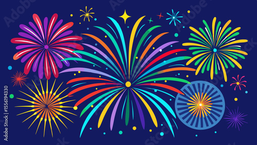 Vector art of multicolored fireworks explode in a vibrant night sky creating a magical and festive scene