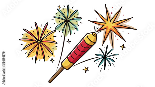 Vector art of a single red and yellow firecracker bursts with vibrant sparks against a white background, a festive celebration