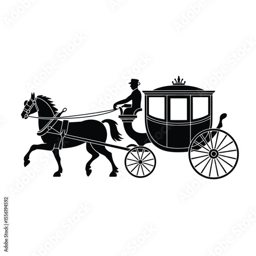 Silhouette of a horse drawn carriage with a driver and passenger