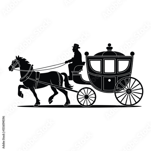 Silhouette of a horse drawn carriage with a driver wearing a hat