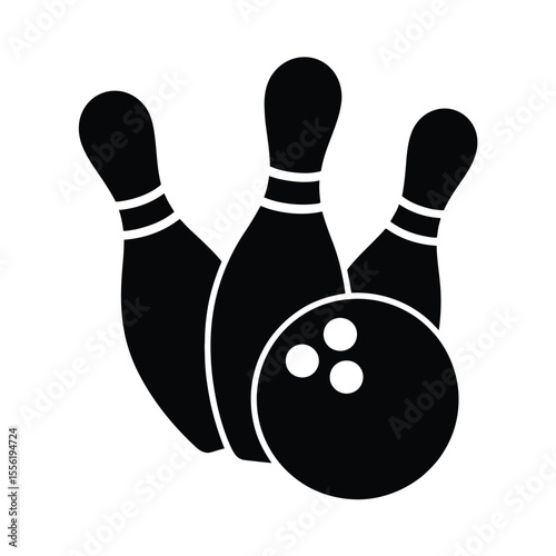 Black silhouette of bowling pins and a bowling ball on a white background