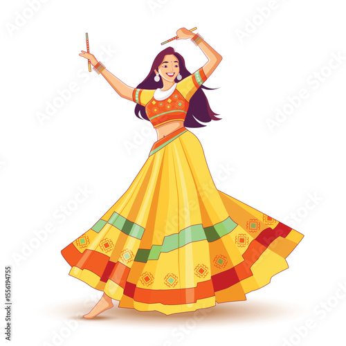 Vibrant illustration of women dancing in colorful traditional outfits, celebrating a joyful Indian festival. Free copy space for text.