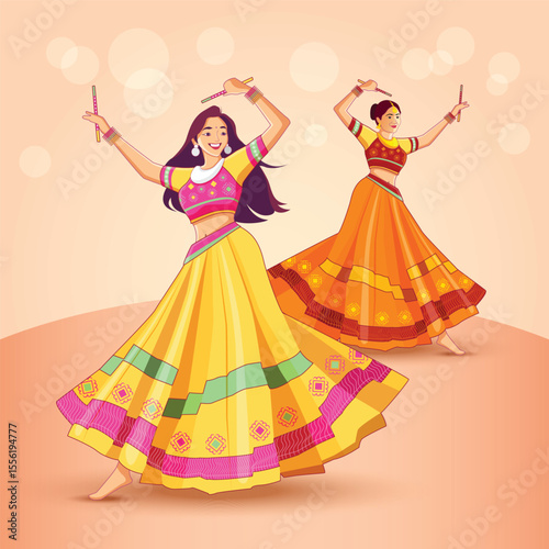 Vibrant illustration of women dancing in colorful traditional outfits, celebrating a joyful Indian festival. Free copy space for text.