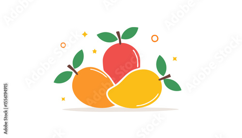 Minimal fresh harvest design golden mango cluster accented by emerald leaves soft highlights lively circles generous room for text advertising